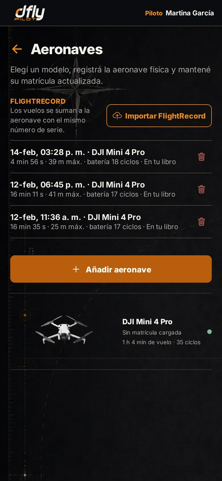 Aeronaves con FlightRecord importados: horas de vuelo y ciclos