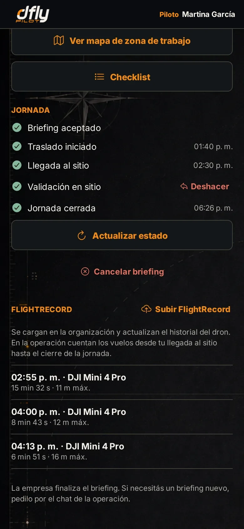 Jornada en campo: traslado, llegada, validación, cierre y FlightRecord subidos